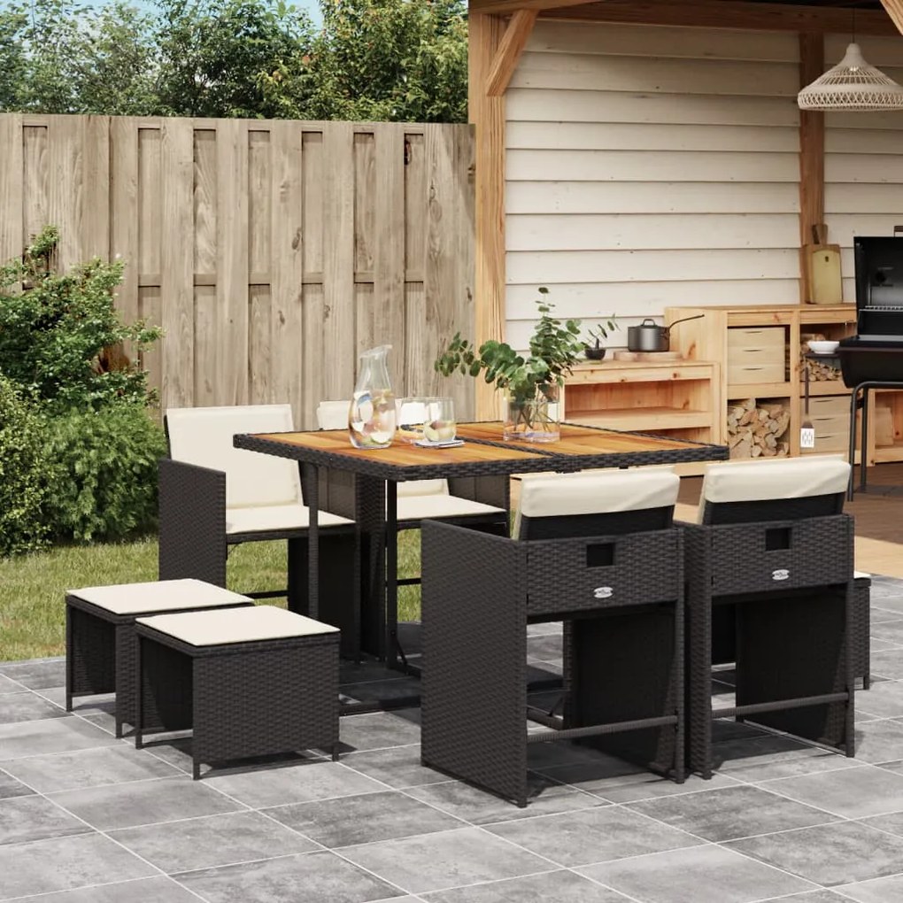 vidaXL Set mobilier de grădină cu perne, 9 piese, negru, poliratan