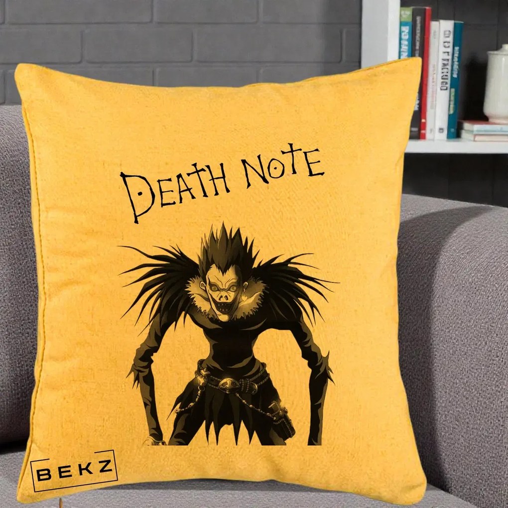 Perna Personalizata Death Note Ryuk Shinigami Alb-Negru, 40x40 cm, Galben, Husa Detasabila, Perna Inclusa, BEKZ®