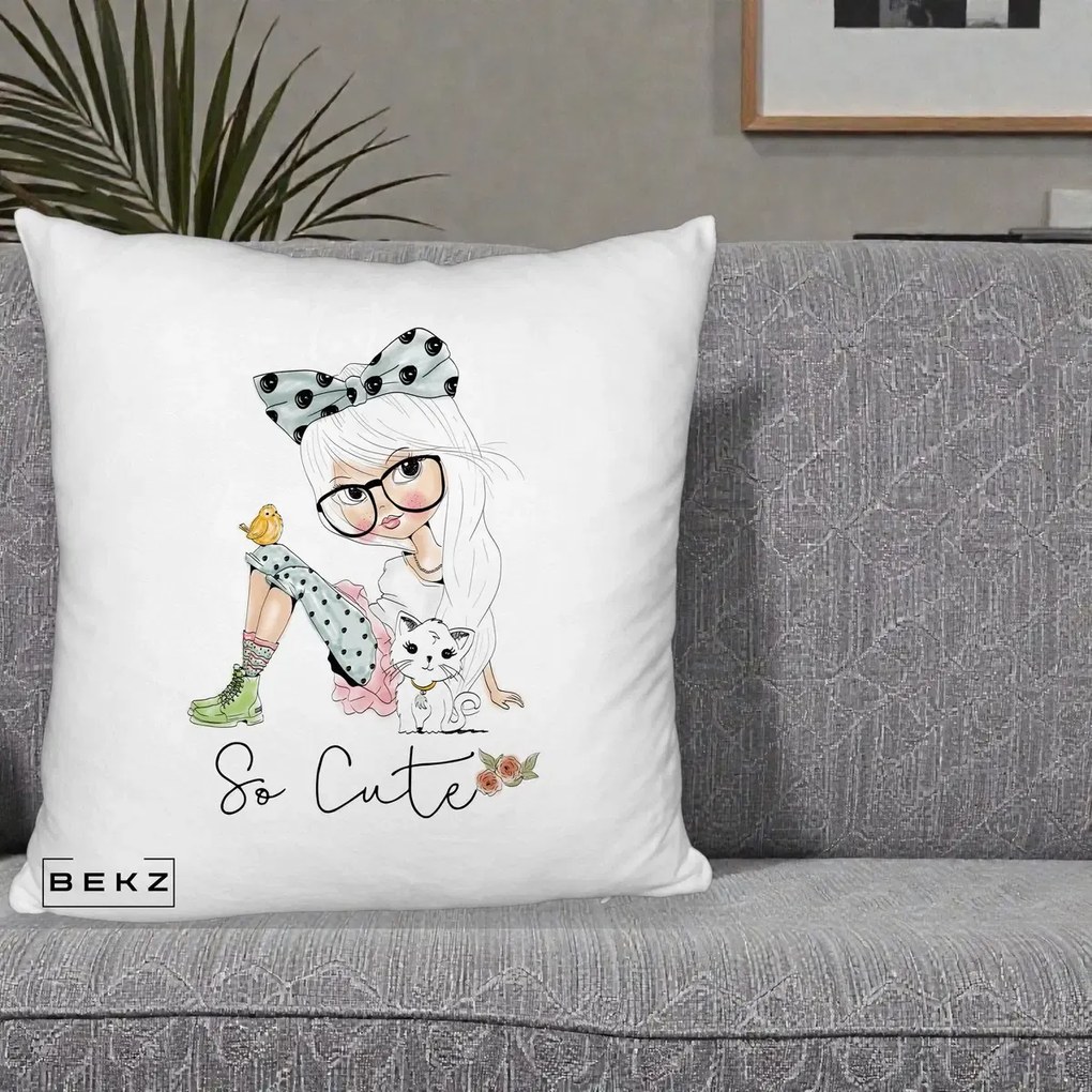 Perna Decorativa So Cute Fata Fashion, 40x40 cm, Alb Pufos, Husa Detasabila, Perna Inclusa, BEKZ®