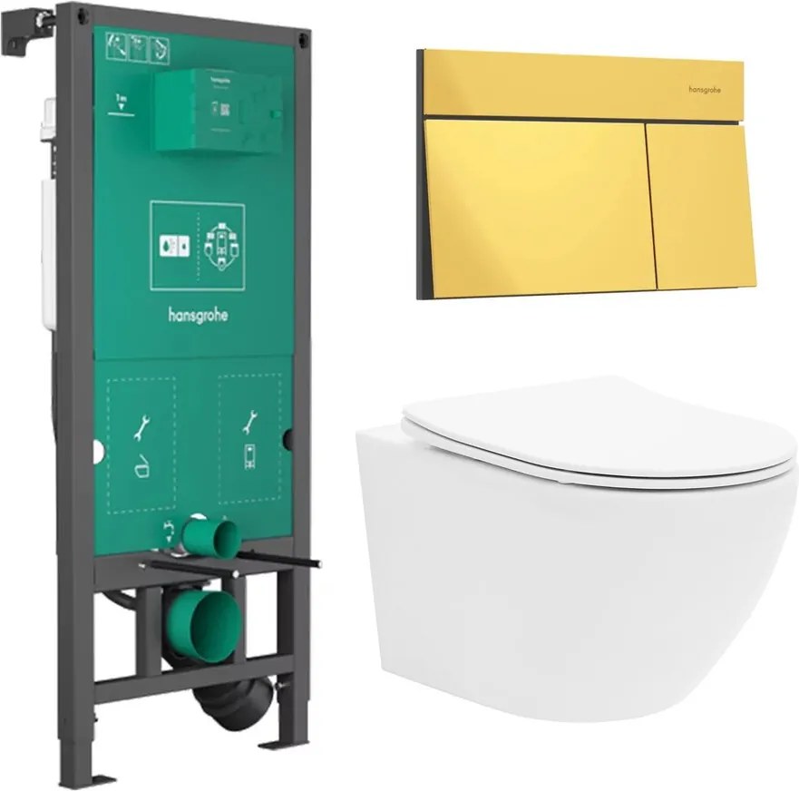 Rezervor incastrat Hansgrohe iFrame 112 cm cu clapeta iFrame Element E auriu lucios plus vas WC Rune Ivaldi alb cu capac softclose