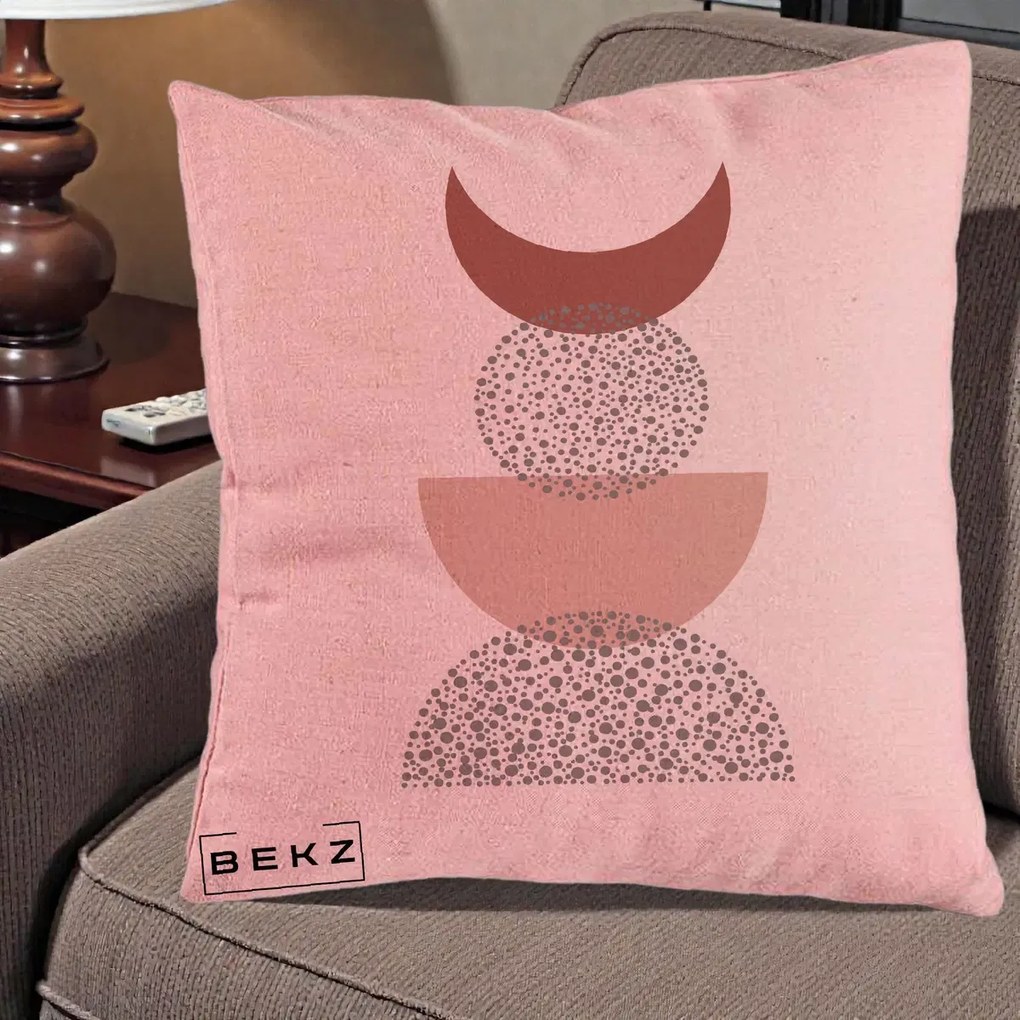 Perna Decorativa Boho Luna Plina si Forme Punctate, 40x40 cm, Roz, Husa Detasabila, Perna Inclusa, BEKZ®