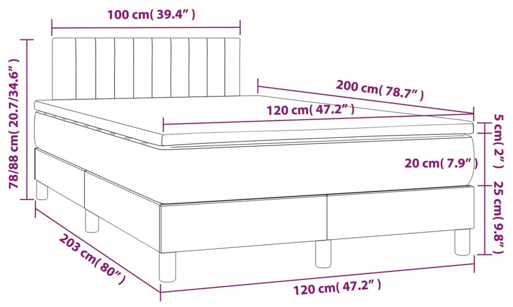 Pat cu arcuri, saltea si LED, albastru, 120x200 cm, textil Albastru, 120 x 200 cm, Benzi verticale