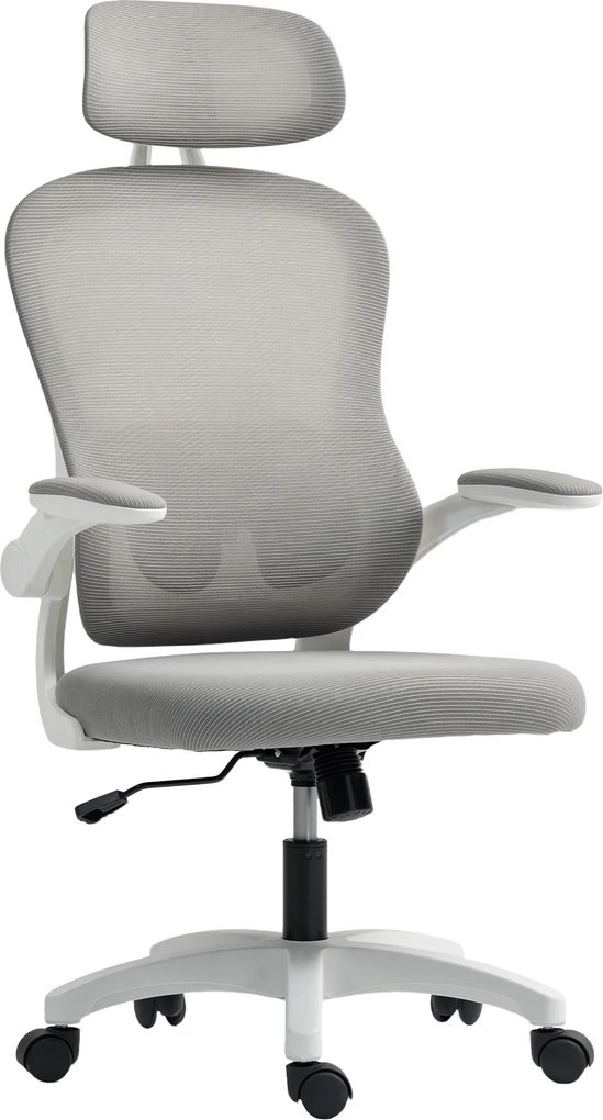 HOMCOM Scaun birou ergonomic cu spătar din plasă, reglabil pe înălțime, cotiere rabatabile, 5 roți, funcție balans, Gri | Aosom Romania