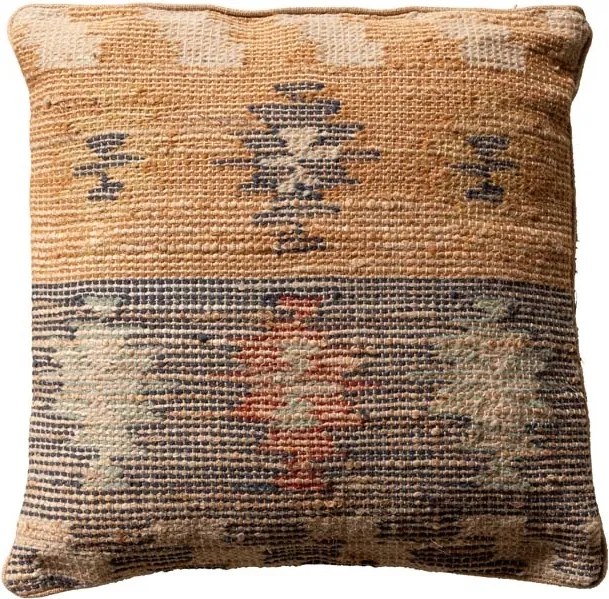 Pernă decorativă din lână și iută, multicolor, țesătură kilim în nuanțe de muștar și verde, finisaj artizanal, 50 x 50 cm, „Moutarde”