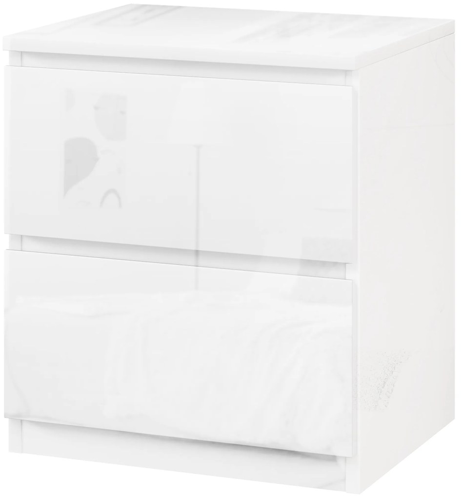 HOMCOM Măsuță de Noapte cu 2 Sertare Măsuță de Noapte pentru Dormitor Sufragerie 40x34x45 cm Alb Lucios | Aosom Romania