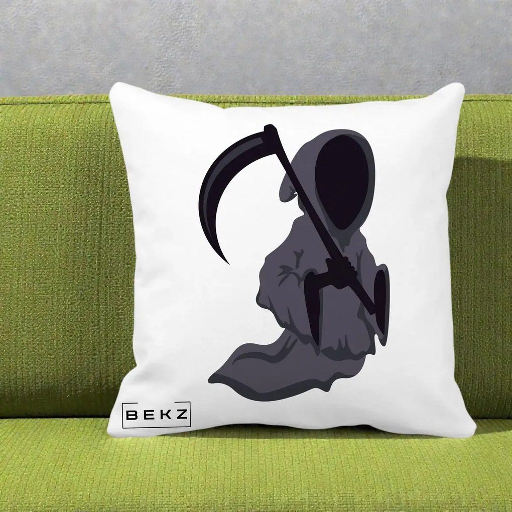 Perna Decorativa Moartea cu Coasa Grim Reaper Halloween, 40x40 cm, Alba Mata, Husa Detasabila, Perna Inclusa, BEKZ®