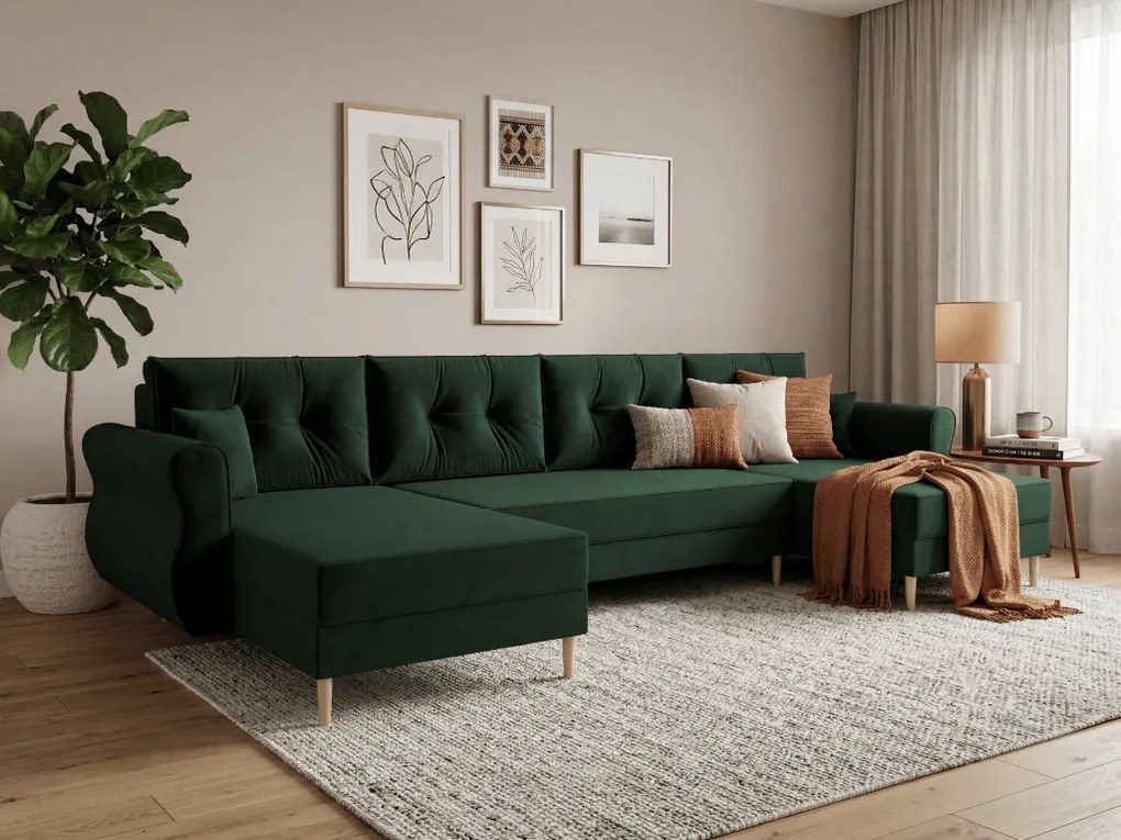 Canapea extensibila in forma de U SILVIANO 300x140 cm, verde inchis + 2 pernute CADOU