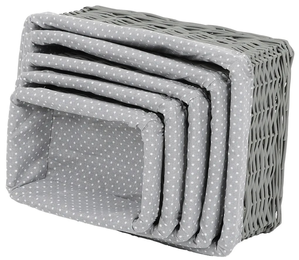 Set coșuri de răchită cu țesătură buline gri, 5 buc., 5 dimensiuni, 48 x 18 x 37 cm