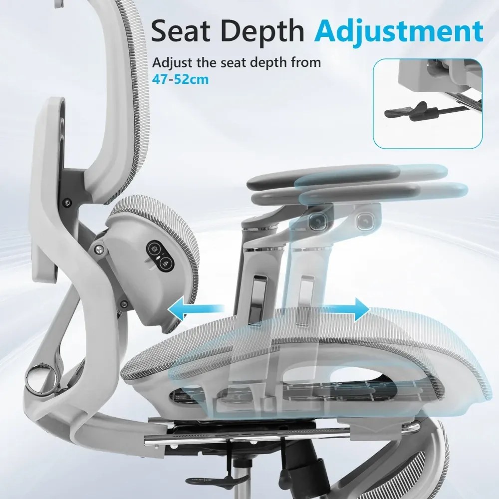 RESIGILAT- VIGOCHAIR ULTRA PRO ROLLER Scaun ergonomic, spatar reglare verticala, suport lombar cu masaj si incalzire, sezut translatie, cotiere 6D, suport picioare, Full Mesh, Gri