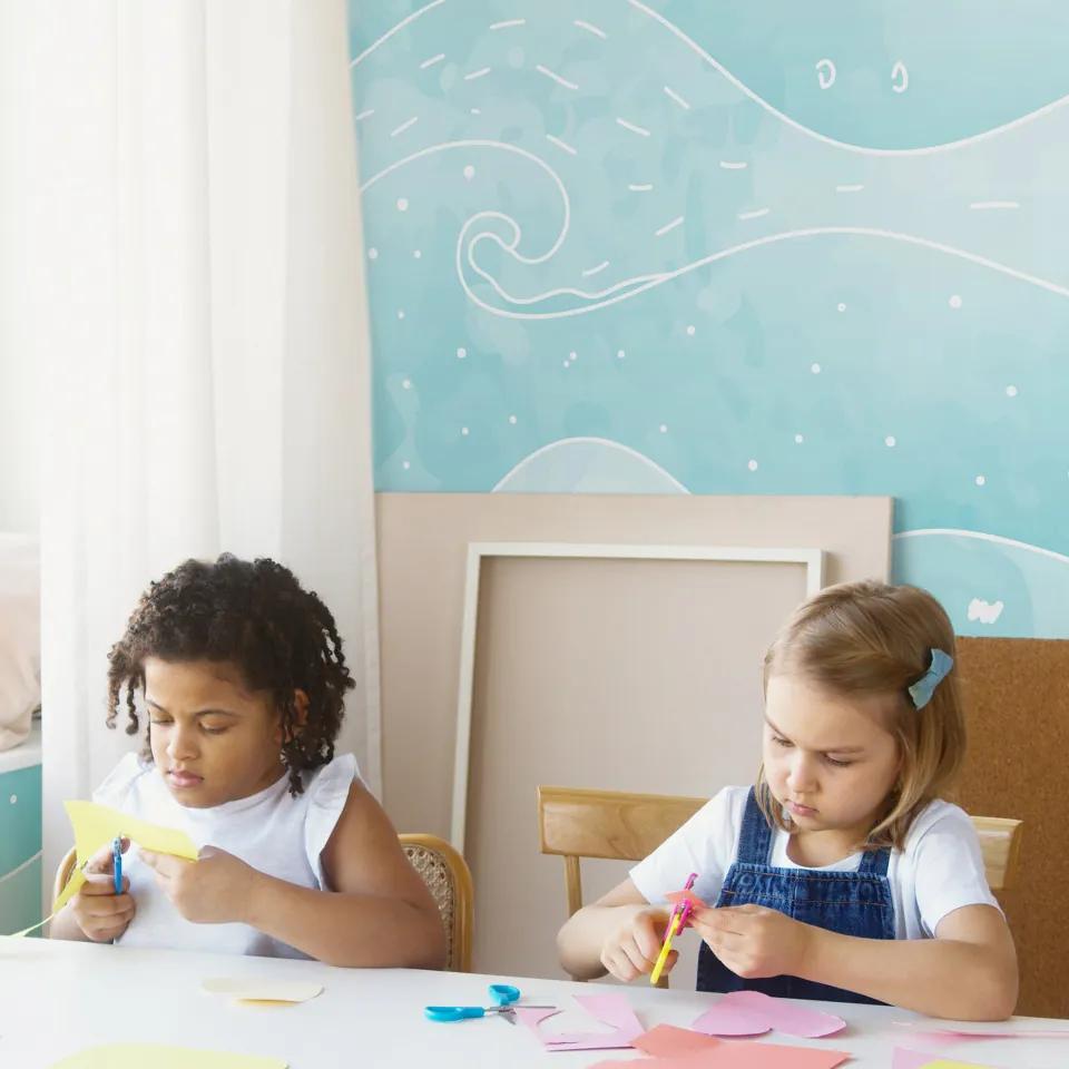 Fototapet - Mare - Fundal pentru copii cu valuri în nuanțe pastelate de albastru