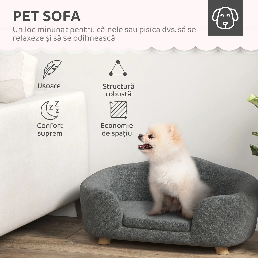 PawHut Canapea pentru Câini de Talie Mică, Culcuș de Interior cu Pernă Lavabilă, Design Modern, 70x47x30cm, Gri Antracit | Aosom Romania
