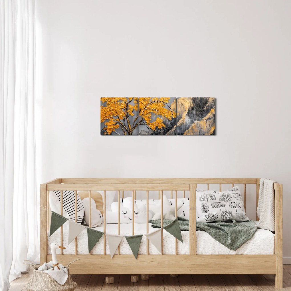 Tablou – Arbore auriu în munți (cu ceas) (90x30 cm)