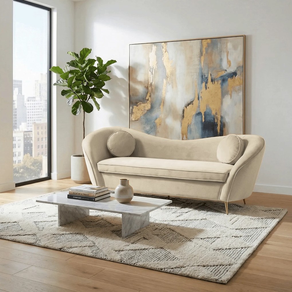 Canapea cu 3 locuri de design, ţesătură Velvet bejgold crom auriu, EZIO TYP 3