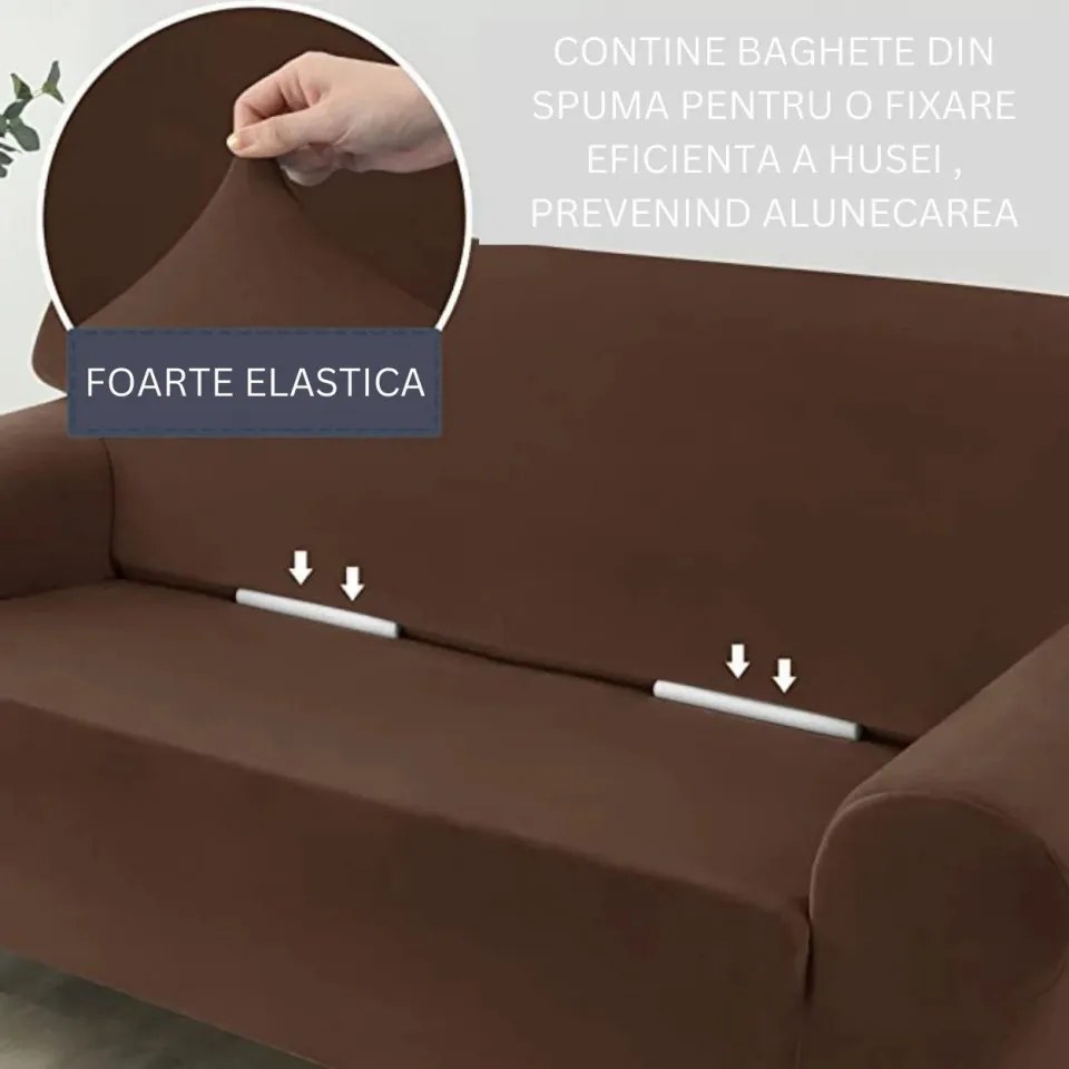 Set huse elastice din catifea pentru canapea 3 locuri + 2 fotolii, cu brate, maro, HCCJS-06