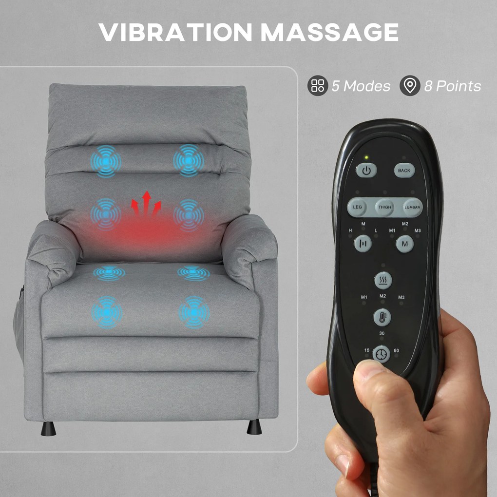 HOMCOM Fotoliu Relaxant Electric de Masaj și Încălzire cu Suport pentru Picioare, Silențios, Reclinabil 150° în Catifea Prietenoasă cu Animalele cu Funcție de Memorare, 2 Telecomenzi pentru Sufragerie, Gri | Aosom Romania