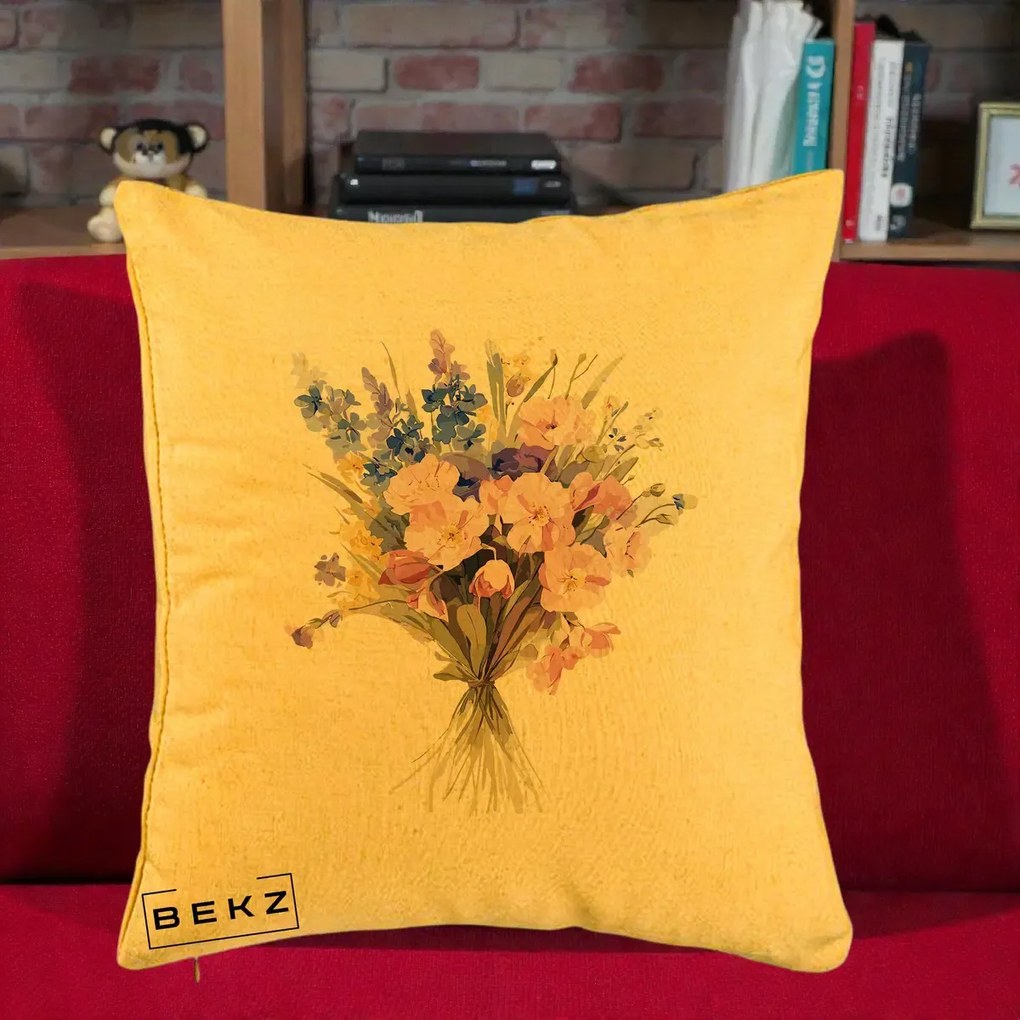 Perna Decorativa Buchet Floral Acuarela Primavara, 40x40 cm, Galben, Husa Detasabila, Perna Inclusa, BEKZ®