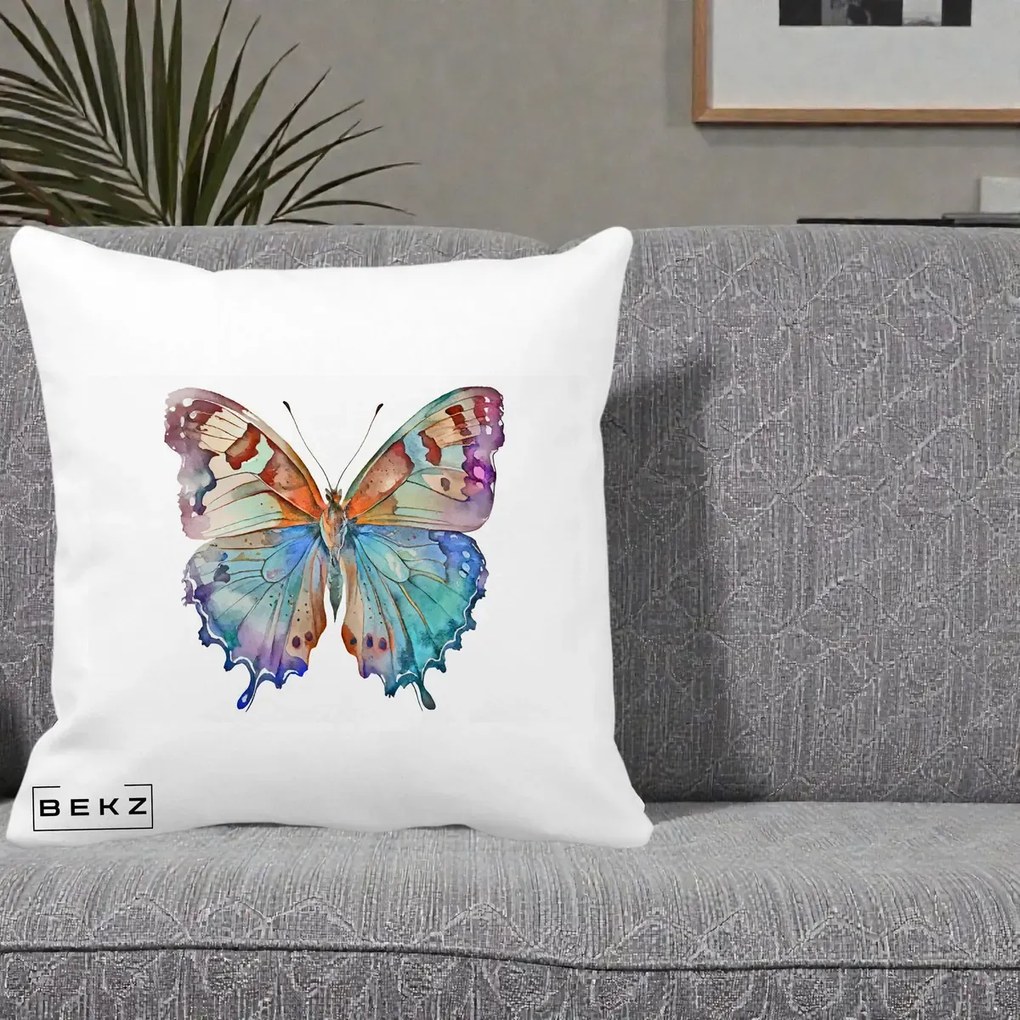 Perna Decorativa Fluture Acuarela Multicolor Portocaliu-Bleu-Mov, 40x40 cm, Alba Mata, Husa Detasabila, Perna Inclusa, BEKZ®