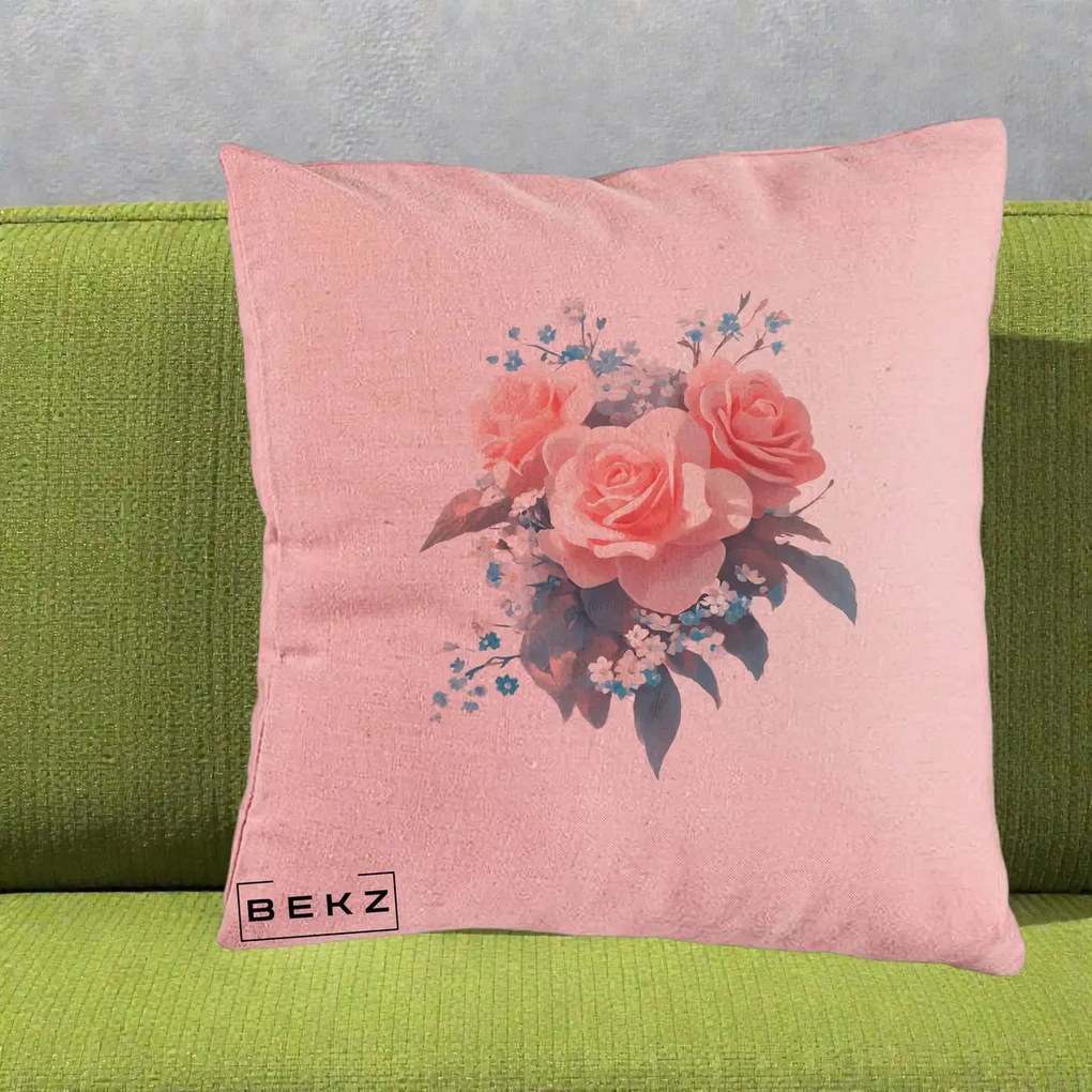 Perna Decorativa Trandafiri Roz cu Floricele Albastre, 40x40 cm, Roz, Husa Detasabila, Perna Inclusa, BEKZ®