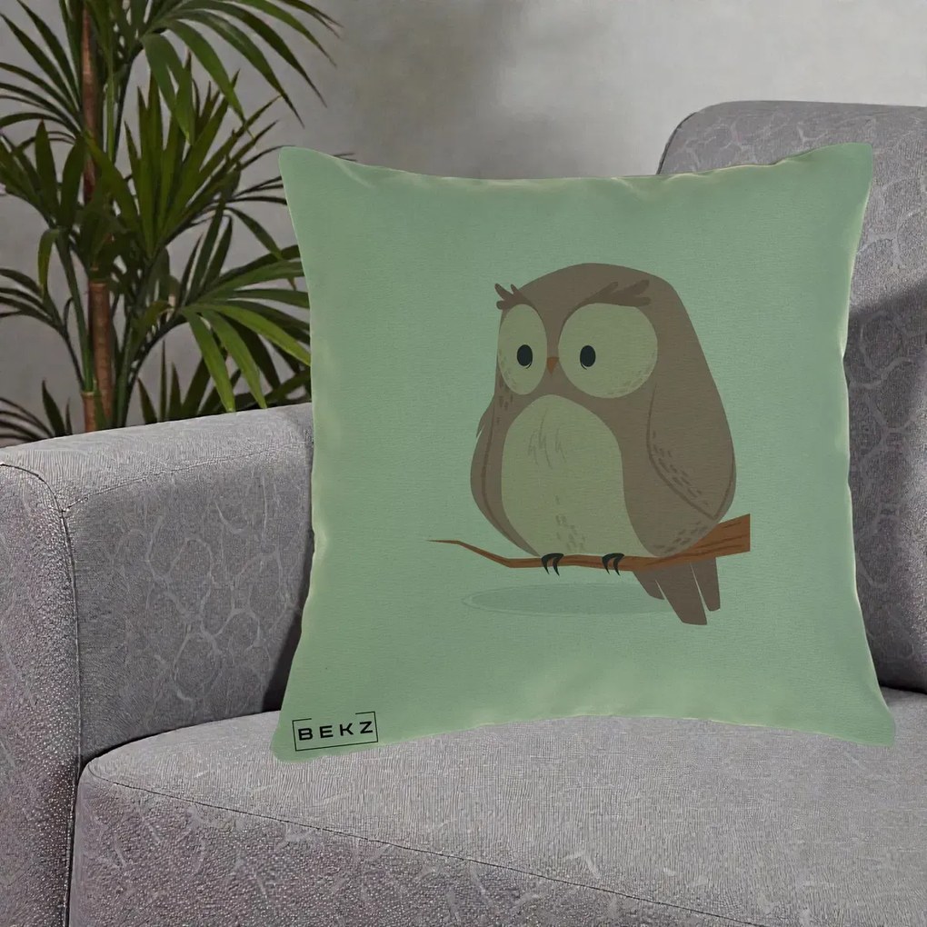 Perna Decorativa Bufnita Kawaii pe Creanga, 40x40 cm, Verde, Husa Detasabila, Perna Inclusa, BEKZ®