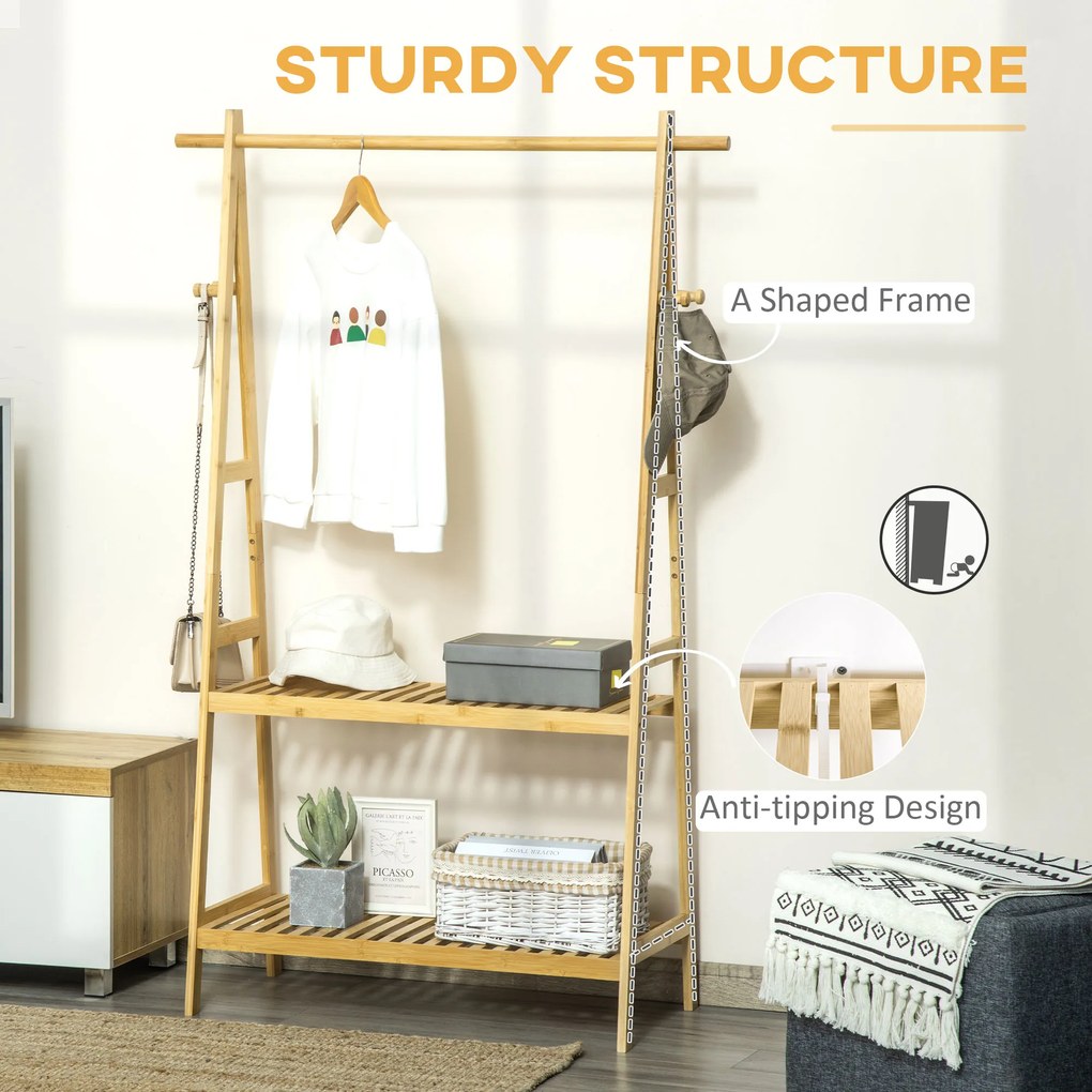 Suport pentru Umerase HOMCOM cu 2 Rafturi si 4 Carlige Laterale, Structura din bambus, 100L x 42l x 155lcm, Culoarea Lemnului