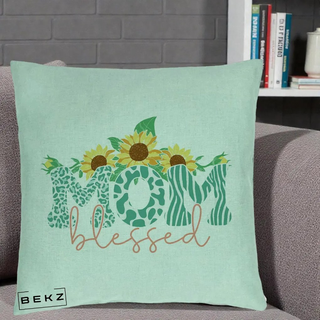 Cadou pentru Mama - Perna Personalizata Mom Blessed cu Floarea Soarelui Animal Print Teal, 40x40 cm, Verde Menta, Husa Detasabila, Perna Inclusa, BEKZ®