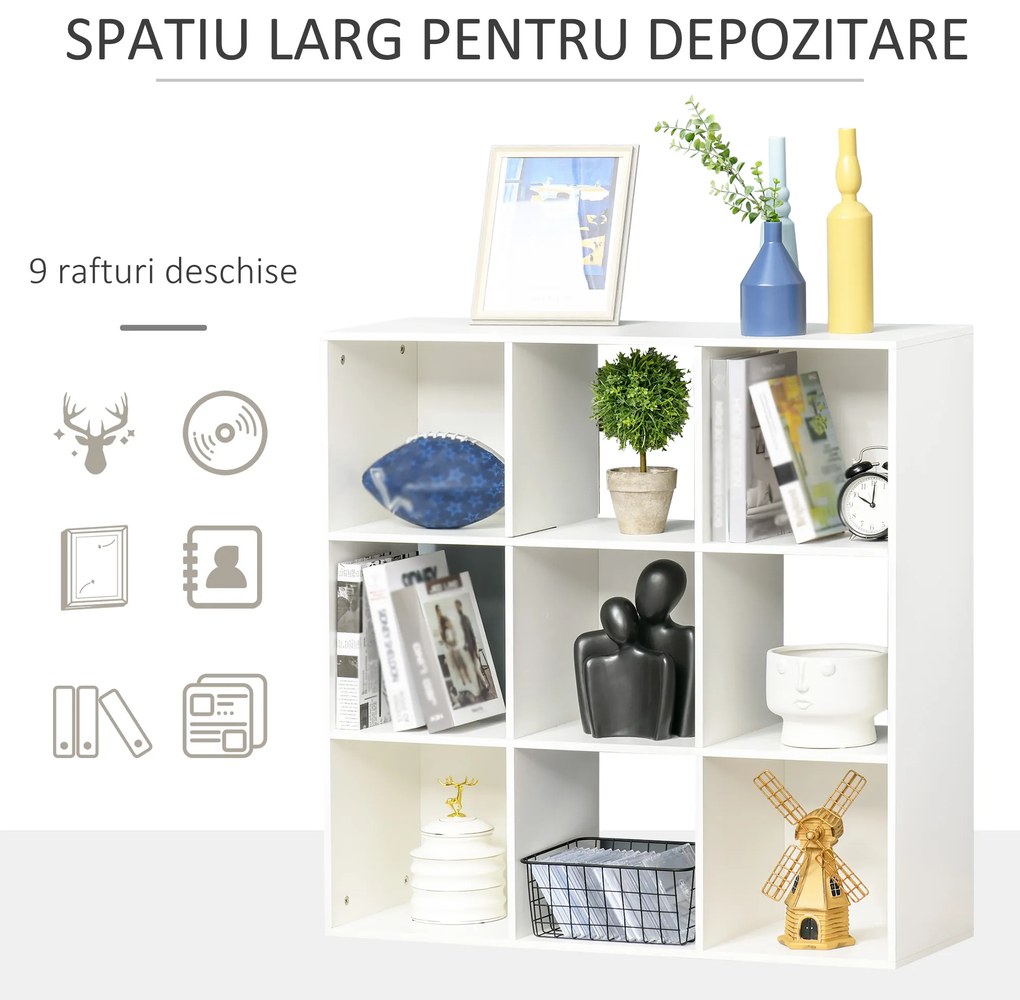 Biblioteca Albă pentru Casa si Birou, Raft cu Design Modern cu 9 Compartimente din Lemn, 91,5 x 29,5 x 91,5 cm HOMCOM | Aosom Romania