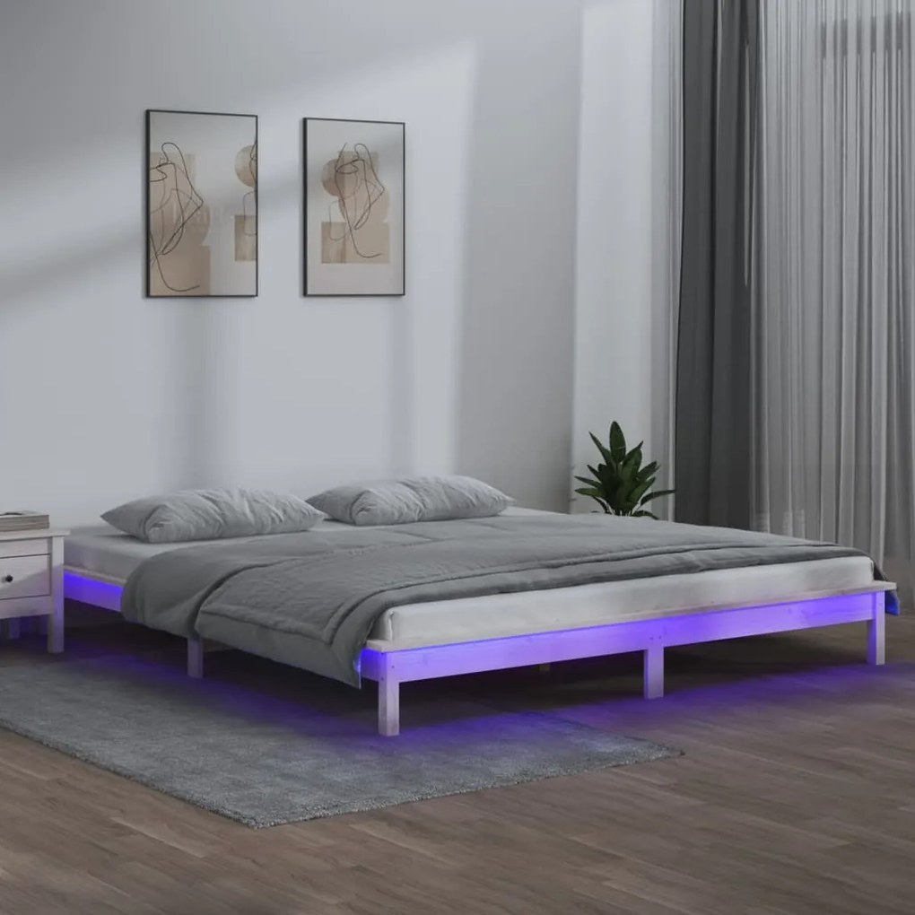 Cadru de pat cu LED, dublu 4FT6, alb, 135x190 cm, lemn masiv Alb, 135 x 190 cm