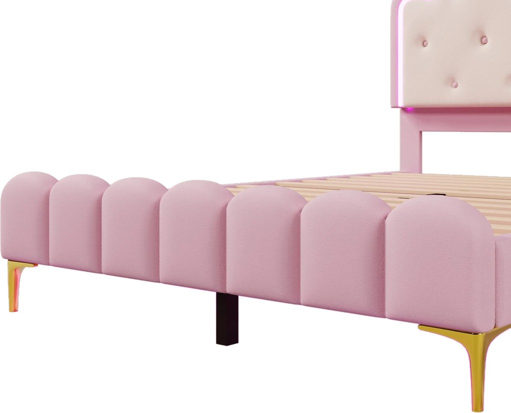 Pat tapițat 140x200 cm cu somieră cu lamele, formă de prințesă moștenitoare, fără saltea, Roz