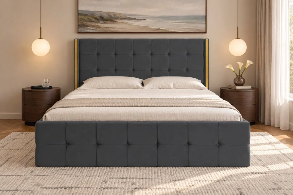 Pat tapițat din catifea Aven 160×200 cm, gri închis, cu ladă de depozitare