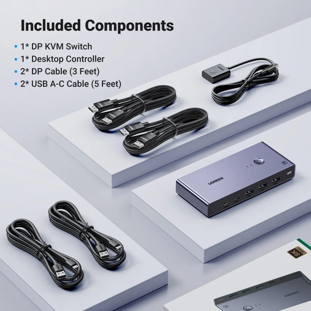 Switch KVM UGREEN CM695 Input: 2 x DP si USB-Type-C, 1 x Mini USB, Output: 1 x DP,3 x USB, 1 x USB-Type-C, rez. max.8K/60Hz