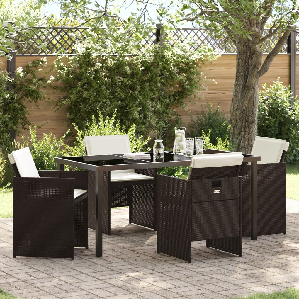 vidaXL Set de dining pentru grădină 5 piese cu perne maro din ratan din poliester