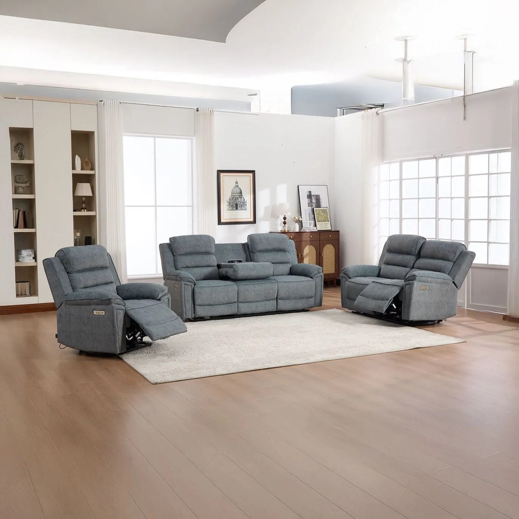 Set canapea dumonde 3+2+1, reclinere electrice, incarcare wireless, priza, masuta, suport pahare Sorren