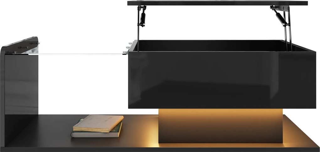Masă de cafea cu înălțime reglabilă, cu sticlă și bandă LED, 100x50x33/47,5 cm, Negru