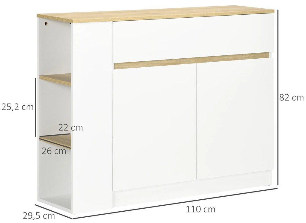 HOMCOM Bufet mobilier depozitare cu 2 sertare 3 rafturi deschise și dulap 2 uși 110 x 29,5 x 82 cm alb | Aosom Romania