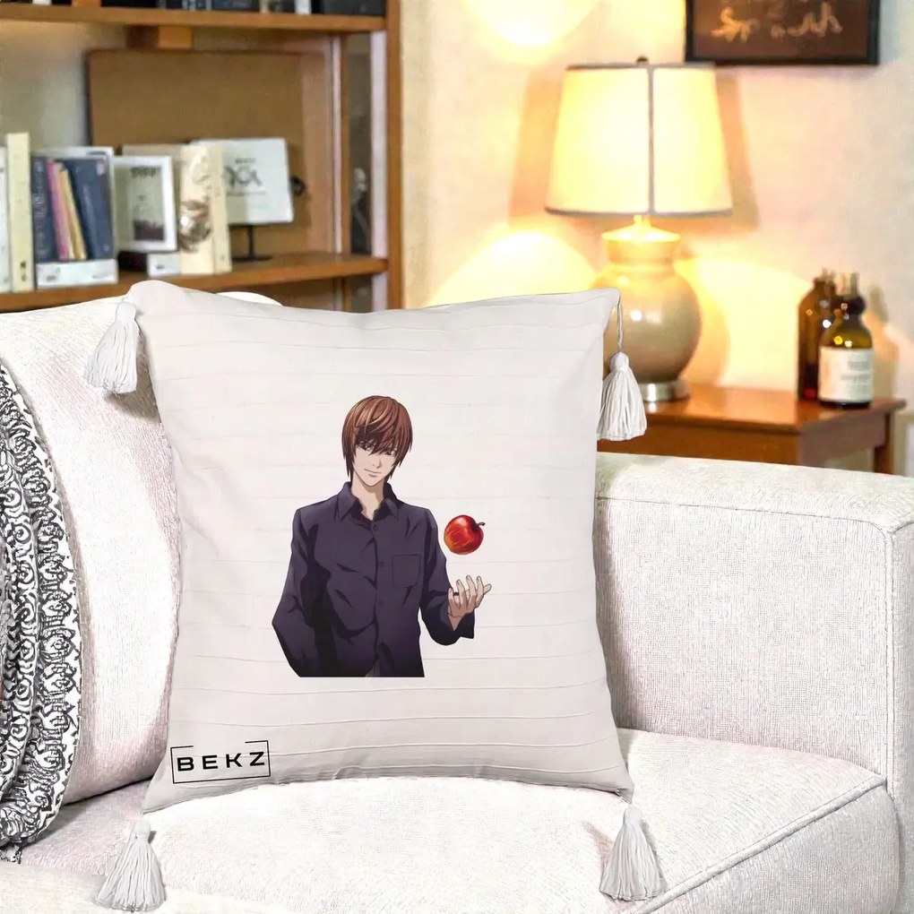 Perna Personalizata Death Note Light Yagami cu Mar, 40x40 cm, Bej cu Franjuri, Husa Detasabila, Perna Inclusa, BEKZ®