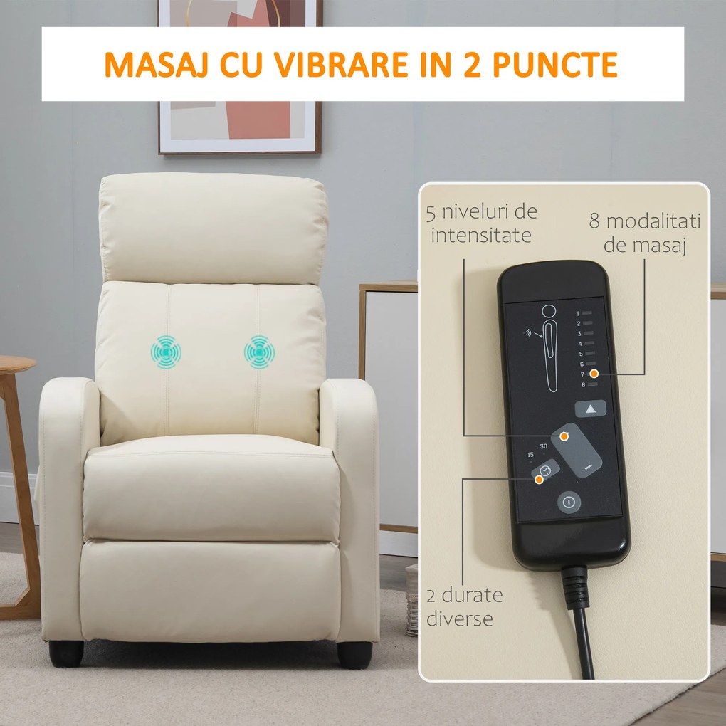 HOMCOM Fotoliu Masaj Rabatabil cu Funcție de Masaj, cu Suport pentru Picioare, Ideal pentru Relaxare, 68x88x98 cm, Crem