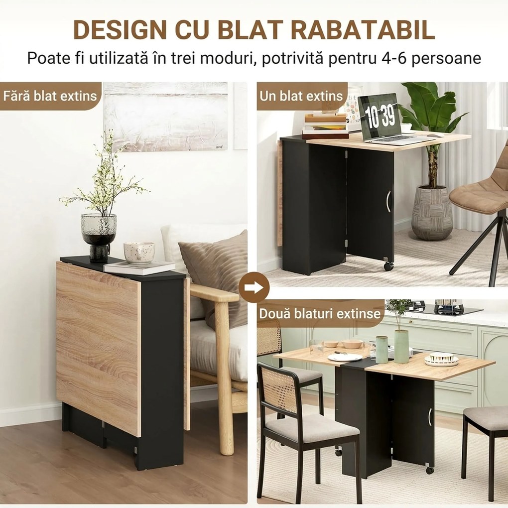 HOMCOM Masă Pliabilă pentru 4-6 Persoane, cu 2 Roți, Masă Rabatabilă cu 2 Rafturi pentru Depozitare, 140x75x74 cm, Negru | Aosom Romania