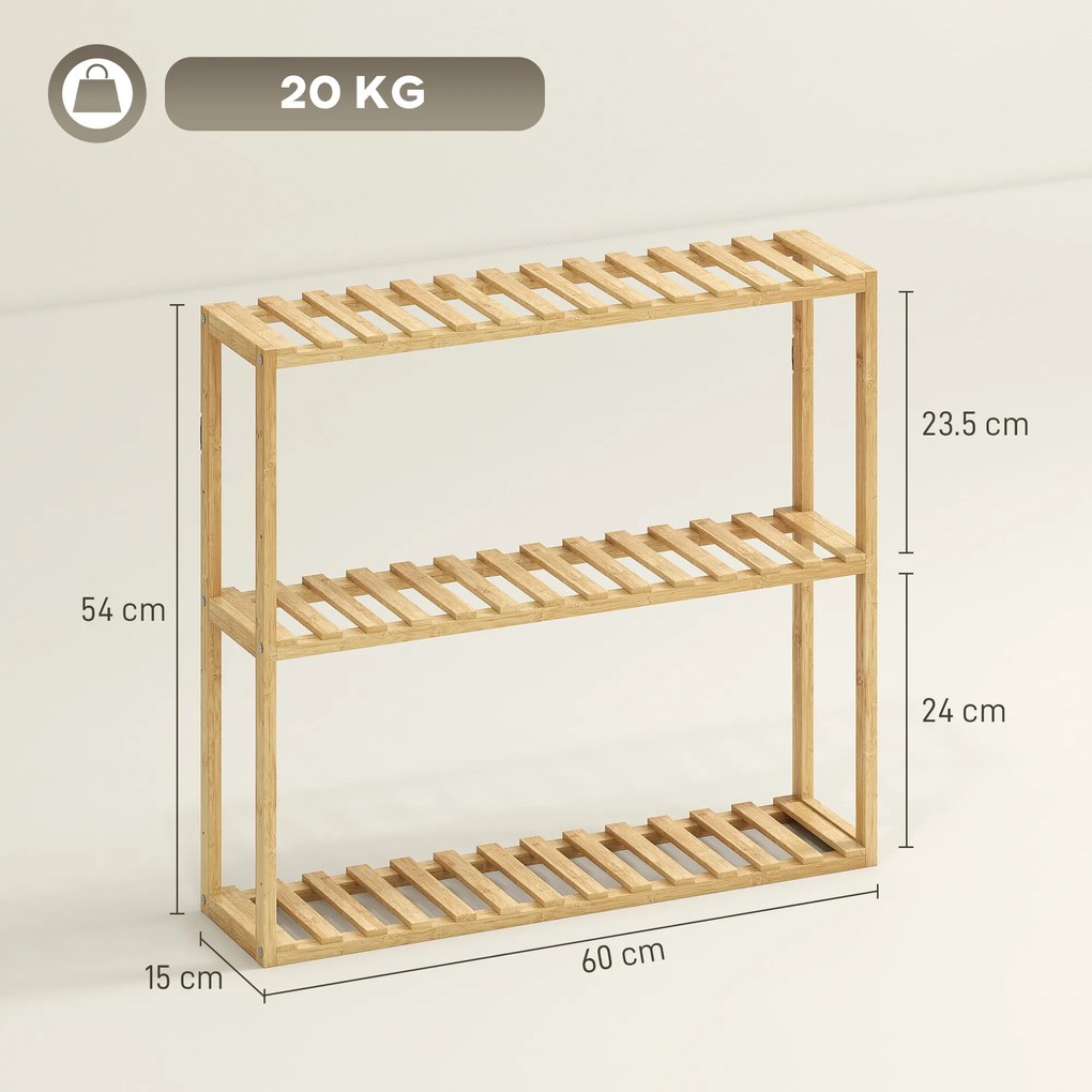 HOMCOM Etajeră din bambus ajustabilă, etajeră de baie cu 3 niveluri, 60 x 15 x 54 cm, efect de lemn natural | Aosom Romania