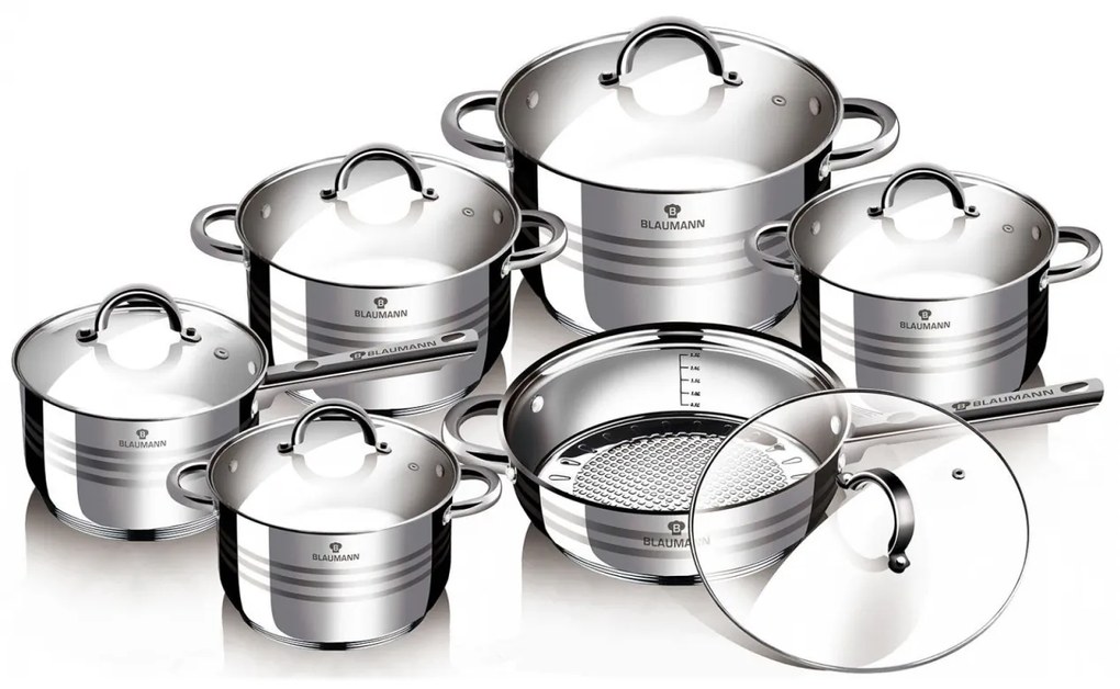 RESIGILAT - Set oale si tigaie inox 12 piese cu capace de sticla, de calitate, gatire sanatoasa, Gourmet Line Blaumann BL 1410