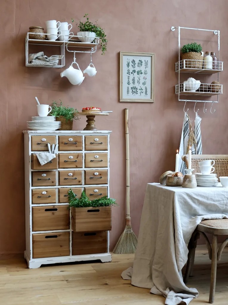 Etajera, alba, din metal si lemn, cu 4 agatatori, aspect vintage, Sia