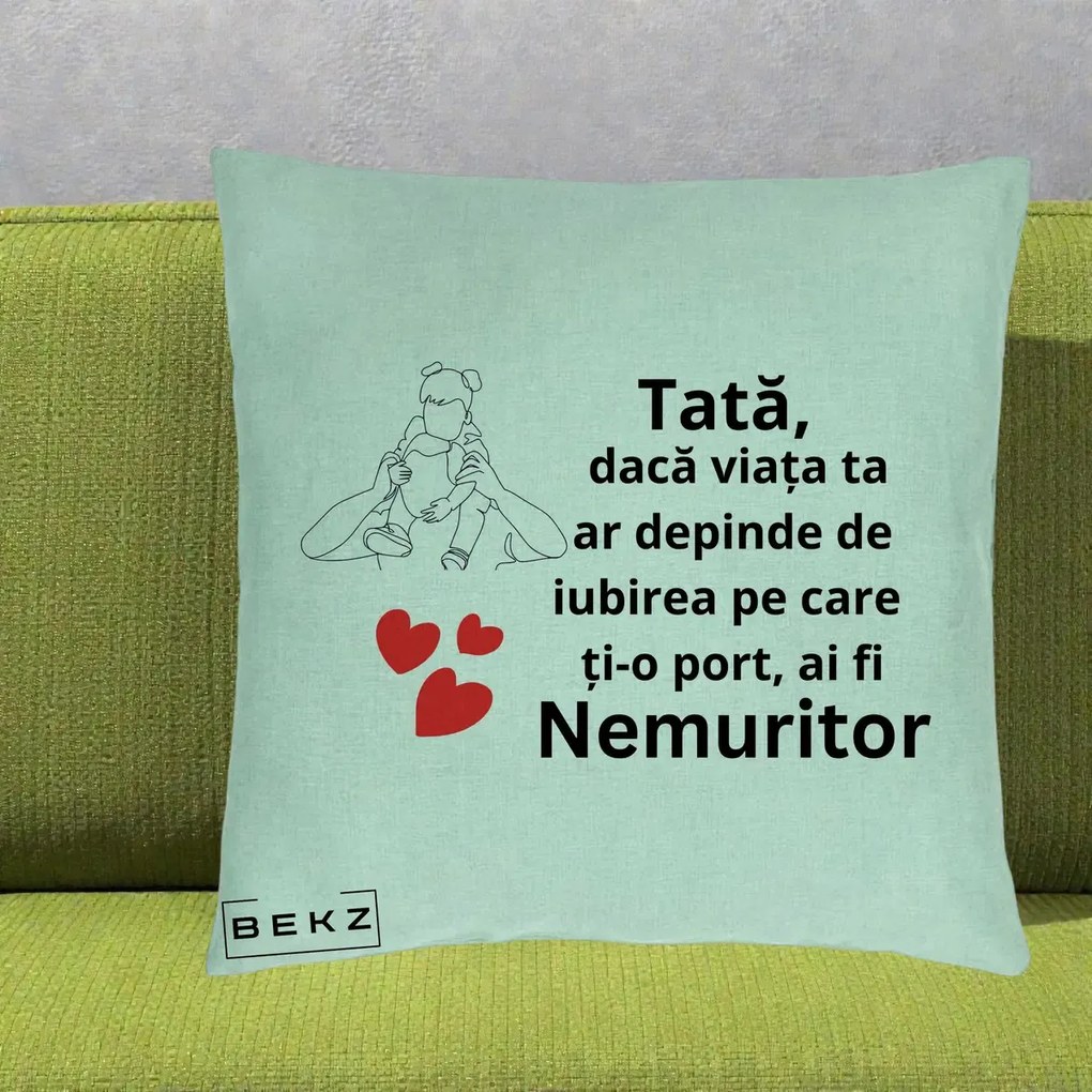 Cadou pentru Tata - Perna Personalizata Tata Nemuritor Mesaj, 40x40 cm, Verde Menta, Husa Detasabila, Perna Inclusa, BEKZ®