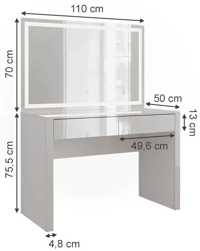SEA813 - Set Masa toaleta, 110 cm, moderna cosmetica machiaj oglinda cu LED, masuta vanity cu sau fără Scaun - Alb Lucios