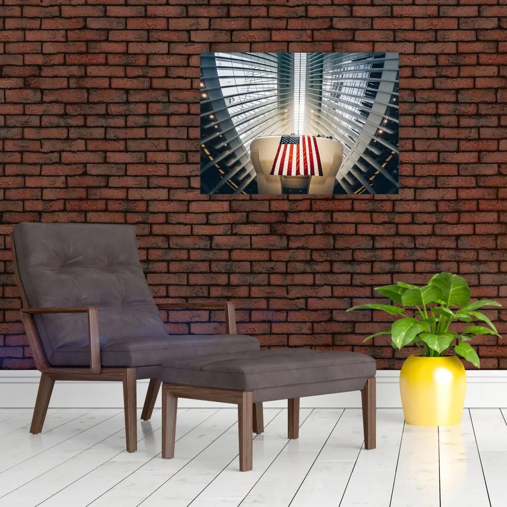 Tablou pe sticlă unei construcții cu steagul SUA (70x50 cm)