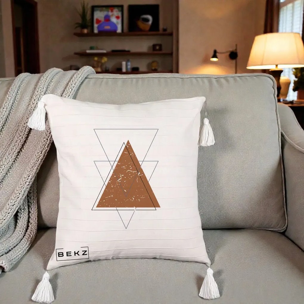 Perna Decorativa Geometric Triunghiuri Sacred, 40x40 cm, Bej cu Franjuri, Husa Detasabila, Perna Inclusa, BEKZ®