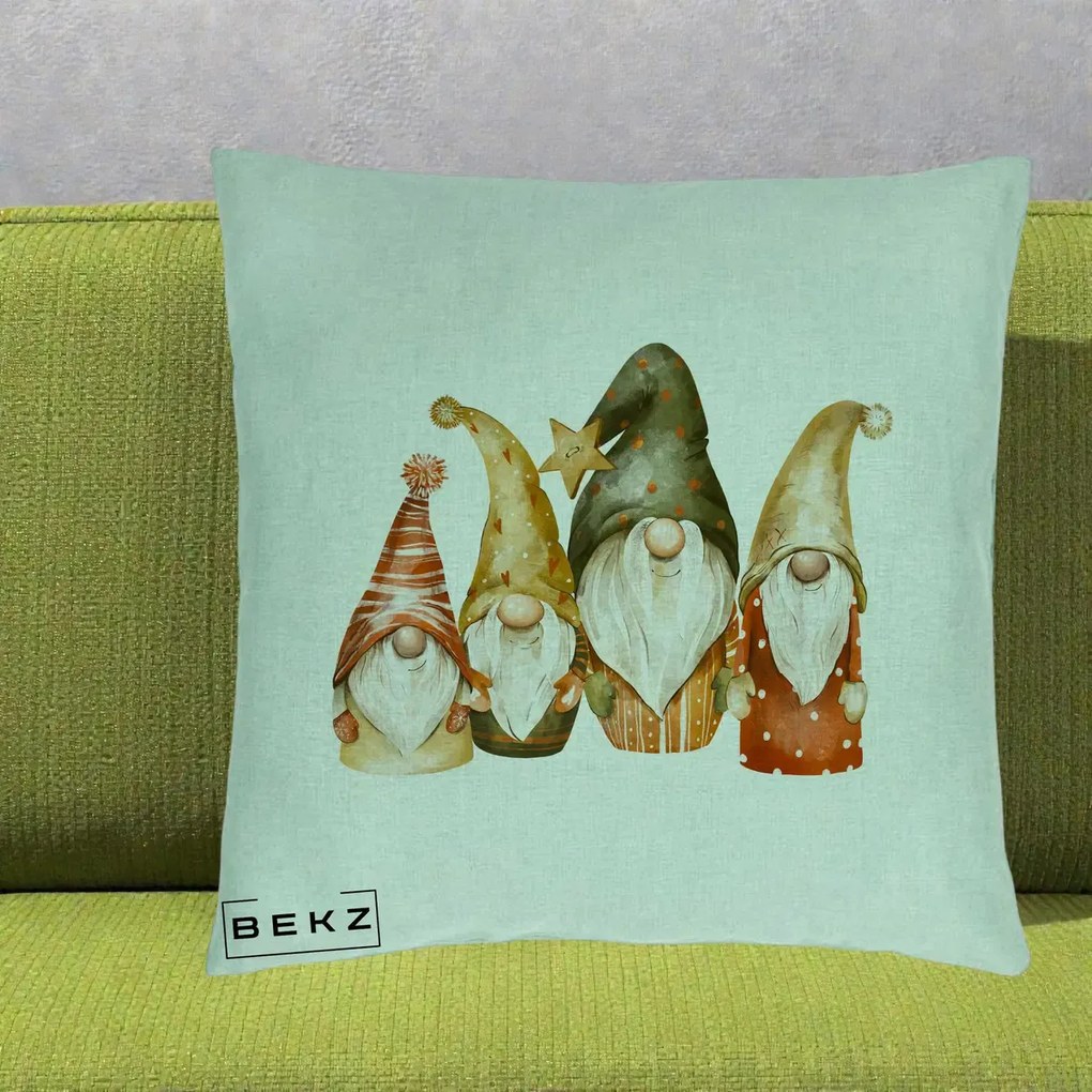 Perna Decorativa Gnomi de Craciun Patru, 40x40 cm, Verde Menta, Husa Detasabila, Perna Inclusa, BEKZ®