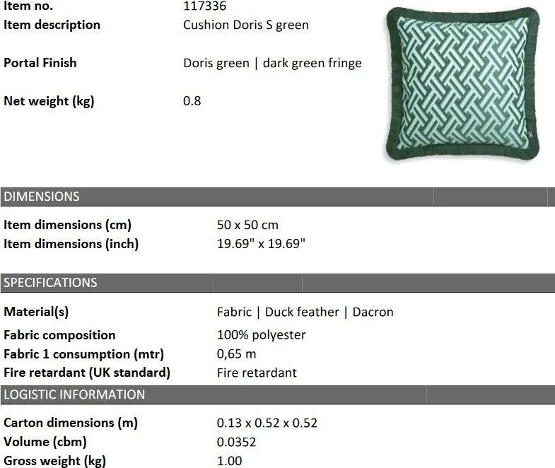 Perna decorativa design LUX Doris S green, 50x50cm