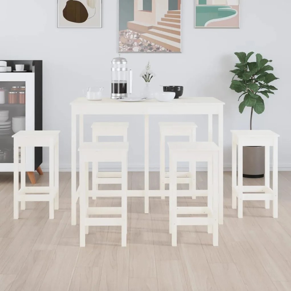 Set mobilier de bar, 7 piese, alb, lemn masiv de pin