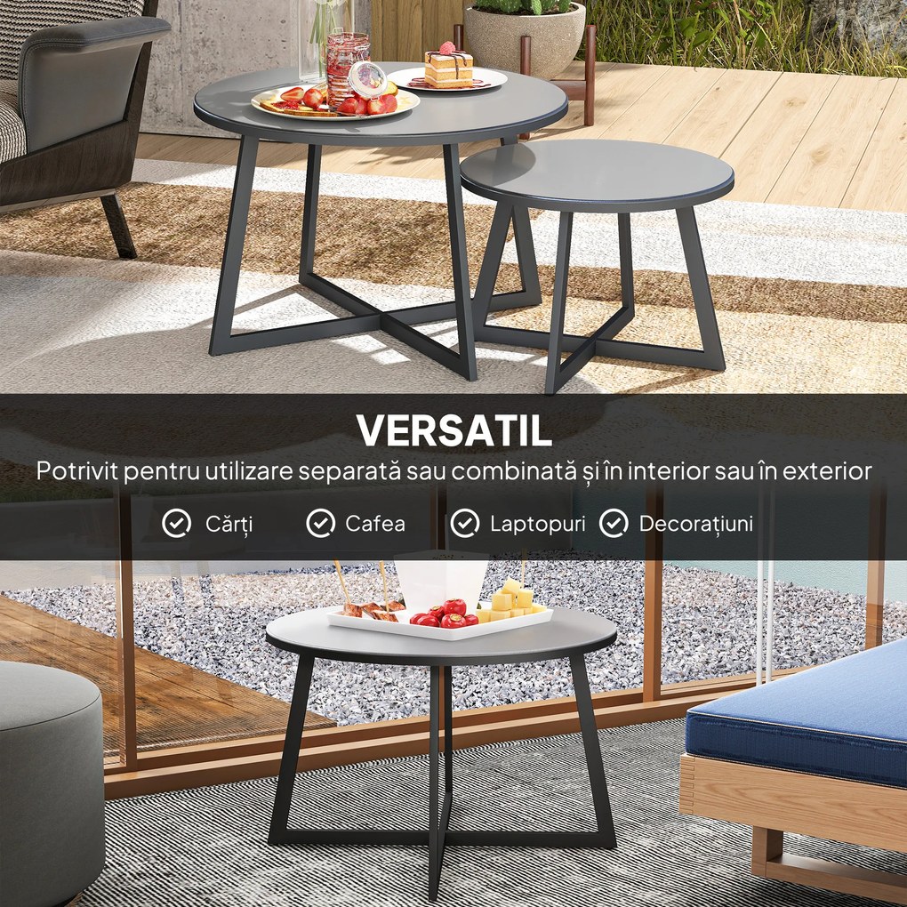 Outsunny Set 2 Măsuțe de Grădină cu Blat din Sticlă Securizată, Ø70x45 cm, Gri | Aosom Romania
