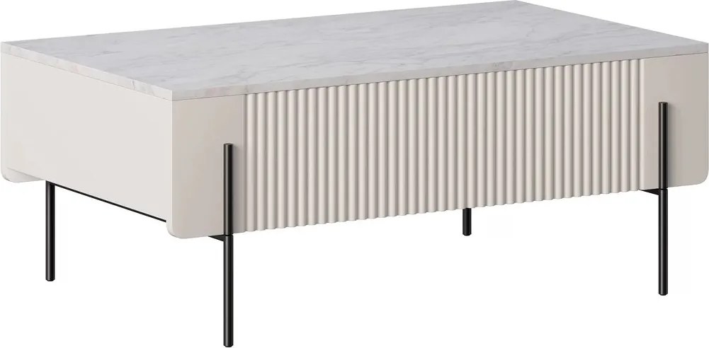 Masă cafea Malmi cu sertare și picioare metalice - cașmir / crem bianca / picioare negre