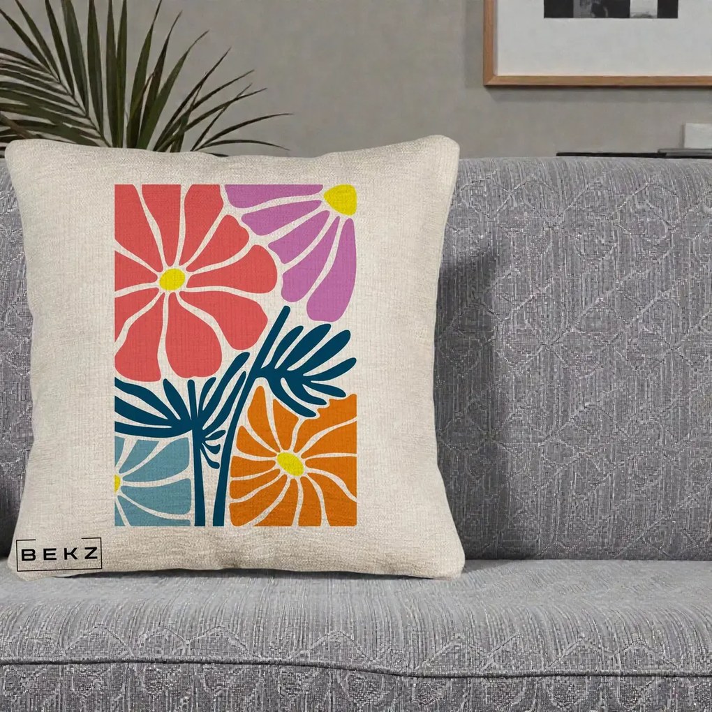 Perna Decorativa Flori Grafice Roz-Orange-Albastru, 40x40 cm, Bej Canapea, Husa Detasabila, Perna Inclusa, BEKZ®